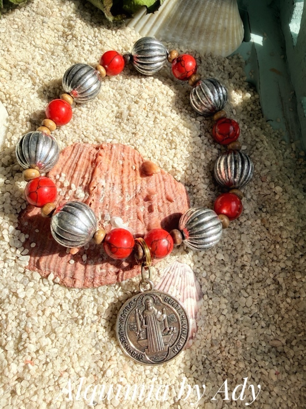 Red Bead Bracelet with Saint BENEDICT MMedal Charm
